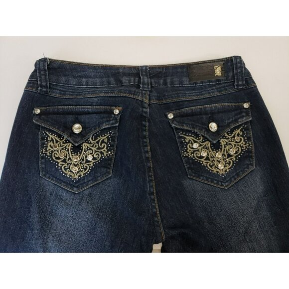 Premium Love Culture Jeans Juniors Size 7 Blue Dark Wash Denim Bling Bell Bottom - Picture 2 of 9